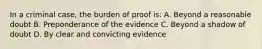 In a criminal case, the burden of proof is: A. Beyond a reasonable doubt B. Preponderance of the evidence C. Beyond a shadow of doubt D. By clear and convicting evidence