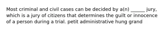 Most criminal and civil cases can be decided by a(n) ______ jury, which is a jury of citizens that determines the guilt or innocence of a person during a trial. petit administrative hung grand