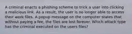 A criminal enacts a phishing scheme to trick a user into clicking a malicious link. As a result, the user is no longer able to access their work files. A popup message on the computer states that without paying a fee, the files are lost forever. Which attack type has the criminal executed on the users files?