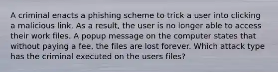 A criminal enacts a phishing scheme to trick a user into clicking a malicious link. As a result, the user is no longer able to access their work files. A popup message on the computer states that without paying a fee, the files are lost forever. Which attack type has the criminal executed on the users files?