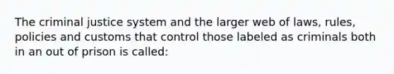 The criminal justice system and the larger web of laws, rules, policies and customs that control those labeled as criminals both in an out of prison is called: