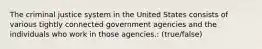 The criminal justice system in the United States consists of various tightly connected government agencies and the individuals who work in those agencies.: (true/false)