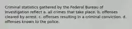 Criminal statistics gathered by the Federal Bureau of Investigation reflect a. all crimes that take place. b. offenses cleared by arrest. c. offenses resulting in a criminal conviction. d. offenses known to the police.