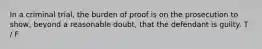 In a criminal trial, the burden of proof is on the prosecution to show, beyond a reasonable doubt, that the defendant is guilty. T / F