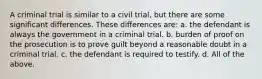 A criminal trial is similar to a civil trial, but there are some significant differences. These differences are: a. the defendant is always the government in a criminal trial. b. burden of proof on the prosecution is to prove guilt beyond a reasonable doubt in a criminal trial. c. the defendant is required to testify. d. All of the above.