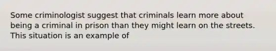 Some criminologist suggest that criminals learn more about being a criminal in prison than they might learn on the streets. This situation is an example of