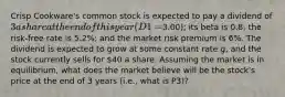 Crisp Cookware's common stock is expected to pay a dividend of 3 a share at the end of this year (D1 =3.00); its beta is 0.8; the risk-free rate is 5.2%; and the market risk premium is 6%. The dividend is expected to grow at some constant rate g, and the stock currently sells for 40 a share. Assuming the market is in equilibrium, what does the market believe will be the stock's price at the end of 3 years (i.e., what is P3)?