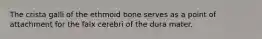 The crista galli of the ethmoid bone serves as a point of attachment for the falx cerebri of the dura mater.