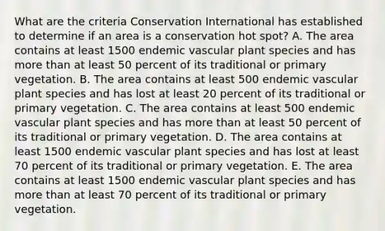 What are the criteria Conservation International has established to determine if an area is a conservation hot spot? A. The area contains at least 1500 endemic vascular plant species and has more than at least 50 percent of its traditional or primary vegetation. B. The area contains at least 500 endemic vascular plant species and has lost at least 20 percent of its traditional or primary vegetation. C. The area contains at least 500 endemic vascular plant species and has more than at least 50 percent of its traditional or primary vegetation. D. The area contains at least 1500 endemic vascular plant species and has lost at least 70 percent of its traditional or primary vegetation. E. The area contains at least 1500 endemic vascular plant species and has more than at least 70 percent of its traditional or primary vegetation.