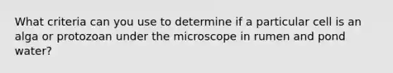 What criteria can you use to determine if a particular cell is an alga or protozoan under the microscope in rumen and pond water?