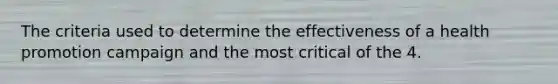 The criteria used to determine the effectiveness of a health promotion campaign and the most critical of the 4.