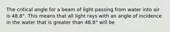 The critical angle for a beam of light passing from water into air is 48.8°. This means that all light rays with an angle of incidence in the water that is greater than 48.8° will be