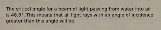 The critical angle for a beam of light passing from water into air is 48.8°. This means that all light rays with an angle of incidence greater than this angle will be