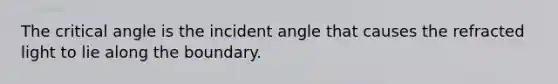 The critical angle is the incident angle that causes the refracted light to lie along the boundary.