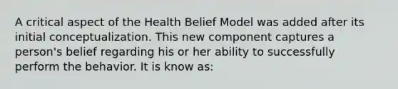 A critical aspect of the Health Belief Model was added after its initial conceptualization. This new component captures a person's belief regarding his or her ability to successfully perform the behavior. It is know as: