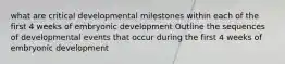 what are critical developmental milestones within each of the first 4 weeks of embryonic development Outline the sequences of developmental events that occur during the first 4 weeks of embryonic development