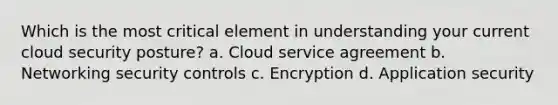 Which is the most critical element in understanding your current cloud security posture? a. Cloud service agreement b. Networking security controls c. Encryption d. Application security