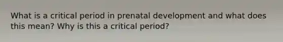 What is a critical period in <a href='https://www.questionai.com/knowledge/kMumvNdQFH-prenatal-development' class='anchor-knowledge'>prenatal development</a> and what does this mean? Why is this a critical period?