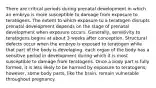 There are critical periods during prenatal development in which an embryo is more susceptible to damage from exposure to teratogens. The extent to which exposure to a teratogen disrupts prenatal development depends on the stage of prenatal development when exposure occurs. Generally, sensitivity to teratogens begins at about 3 weeks after conception. Structural defects occur when the embryo is exposed to teratogen while that part of the body is developing. each organ of the body has a sensitive period in development during which it is most susceptible to damage from teratogens. Once a body part is fully formed, it is less likely to be harmed by exposure to teratogens; however, some body parts, like the brain, remain vulnerable throughout pregnancy.