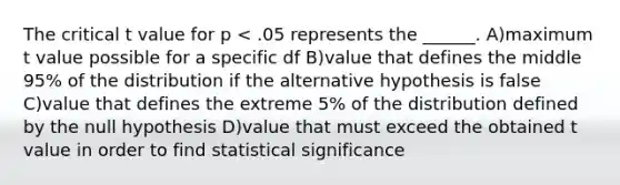 The critical t value for p < .05 represents the ______. A)maximum t value possible for a specific df B)value that defines the middle 95% of the distribution if the alternative hypothesis is false C)value that defines the extreme 5% of the distribution defined by the null hypothesis D)value that must exceed the obtained t value in order to find statistical significance