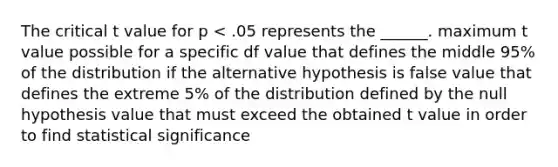 The critical t value for p < .05 represents the ______. maximum t value possible for a specific df value that defines the middle 95% of the distribution if the alternative hypothesis is false value that defines the extreme 5% of the distribution defined by the null hypothesis value that must exceed the obtained t value in order to find statistical significance