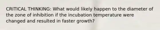 CRITICAL THINKING: What would likely happen to the diameter of the zone of inhibition if the incubation temperature were changed and resulted in faster growth?