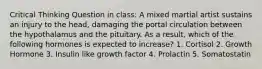 Critical Thinking Question in class: A mixed martial artist sustains an injury to the head, damaging the portal circulation between the hypothalamus and the pituitary. As a result, which of the following hormones is expected to increase? 1. Cortisol 2. Growth Hormone 3. Insulin like growth factor 4. Prolactin 5. Somatostatin