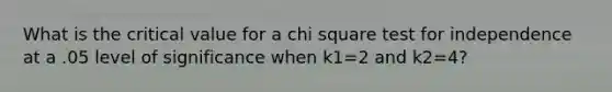 What is the critical value for a chi square test for independence at a .05 level of significance when k1=2 and k2=4?