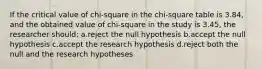 If the critical value of chi-square in the chi-square table is 3.84, and the obtained value of chi-square in the study is 3.45, the researcher should: a.reject the null hypothesis b.accept the null hypothesis c.accept the research hypothesis d.reject both the null and the research hypotheses