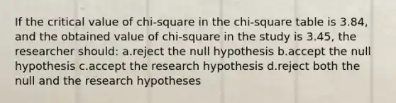 If the critical value of chi-square in the chi-square table is 3.84, and the obtained value of chi-square in the study is 3.45, the researcher should: a.reject the null hypothesis b.accept the null hypothesis c.accept the research hypothesis d.reject both the null and the research hypotheses