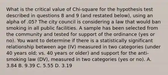 What is the critical value of Chi-square for the hypothesis test described in questions 8 and 9 (and restated below), using an alpha of .05? The city council is considering a law that would ban smoking in all public facilities. A sample has been selected from the community and tested for support of the ordinance (yes or no). You want to determine if there is a statistically significant relationship between age (IV) measured in two categories (under 40 years old; vs. 40 years or older) and support for the anti-smoking law (DV), measured in two categories (yes or no). A. 3.84 B. 9.39 C. 5.55 D. 3.19