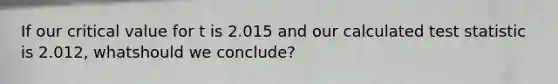 If our critical value for t is 2.015 and our calculated test statistic is 2.012, whatshould we conclude?