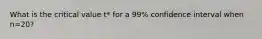 What is the critical value t* for a 99% confidence interval when n=20?