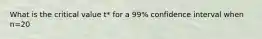 What is the critical value t* for a 99% confidence interval when n=20