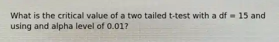 What is the critical value of a two tailed t-test with a df = 15 and using and alpha level of 0.01?