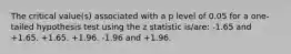 The critical value(s) associated with a p level of 0.05 for a one-tailed hypothesis test using the z statistic is/are: -1.65 and +1.65. +1.65. +1.96. -1.96 and +1.96.