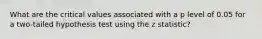 What are the critical values associated with a p level of 0.05 for a two-tailed hypothesis test using the z statistic?