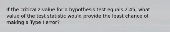 If the critical z-value for a hypothesis test equals 2.45, what value of the test statistic would provide the least chance of making a Type I error?