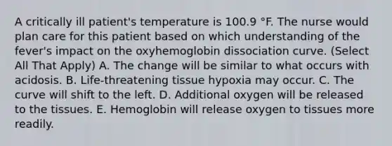 A critically ill patient's temperature is 100.9 °F. The nurse would plan care for this patient based on which understanding of the fever's impact on the oxyhemoglobin dissociation curve. (Select All That Apply) A. The change will be similar to what occurs with acidosis. B. Life-threatening tissue hypoxia may occur. C. The curve will shift to the left. D. Additional oxygen will be released to the tissues. E. Hemoglobin will release oxygen to tissues more readily.