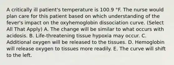 A critically ill patient's temperature is 100.9 °F. The nurse would plan care for this patient based on which understanding of the fever's impact on the oxyhemoglobin dissociation curve. (Select All That Apply) A. The change will be similar to what occurs with acidosis. B. Life-threatening tissue hypoxia may occur. C. Additional oxygen will be released to the tissues. D. Hemoglobin will release oxygen to tissues more readily. E. The curve will shift to the left.