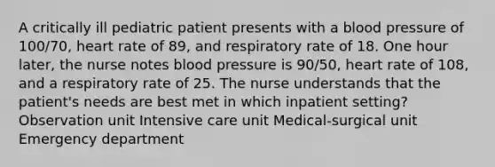 A critically ill pediatric patient presents with a blood pressure of 100/70, heart rate of 89, and respiratory rate of 18. One hour later, the nurse notes blood pressure is 90/50, heart rate of 108, and a respiratory rate of 25. The nurse understands that the patient's needs are best met in which inpatient setting? Observation unit Intensive care unit Medical-surgical unit Emergency department