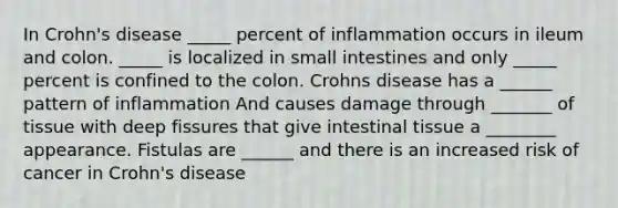 In Crohn's disease _____ percent of inflammation occurs in ileum and colon. _____ is localized in small intestines and only _____ percent is confined to the colon. Crohns disease has a ______ pattern of inflammation And causes damage through _______ of tissue with deep fissures that give intestinal tissue a ________ appearance. Fistulas are ______ and there is an increased risk of cancer in Crohn's disease