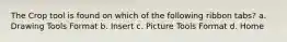 The Crop tool is found on which of the following ribbon tabs? a. Drawing Tools Format b. Insert c. Picture Tools Format d. Home