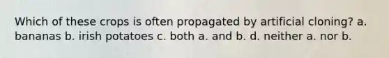 Which of these crops is often propagated by artificial cloning? a. bananas b. irish potatoes c. both a. and b. d. neither a. nor b.