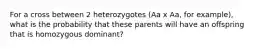 For a cross between 2 heterozygotes (Aa x Aa, for example), what is the probability that these parents will have an offspring that is homozygous dominant?