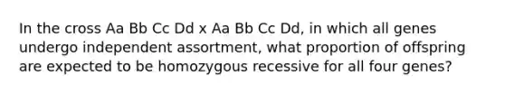 In the cross Aa Bb Cc Dd x Aa Bb Cc Dd, in which all genes undergo independent assortment, what proportion of offspring are expected to be homozygous recessive for all four genes?