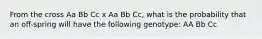 From the cross Aa Bb Cc x Aa Bb Cc, what is the probability that an off-spring will have the following genotype: AA Bb Cc