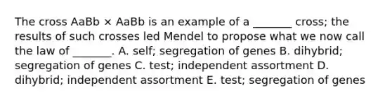 The cross AaBb × AaBb is an example of a _______ cross; the results of such crosses led Mendel to propose what we now call the law of _______. A. self; segregation of genes B. dihybrid; segregation of genes C. test; independent assortment D. dihybrid; independent assortment E. test; segregation of genes