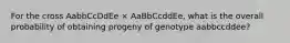 For the cross AabbCcDdEe × AaBbCcddEe, what is the overall probability of obtaining progeny of genotype aabbccddee?