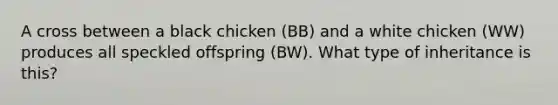 A cross between a black chicken (BB) and a white chicken (WW) produces all speckled offspring (BW). What type of inheritance is this?